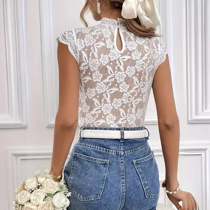 Aliams | Spitzen-Eingesetzter Kragen Kurzarm-Tee