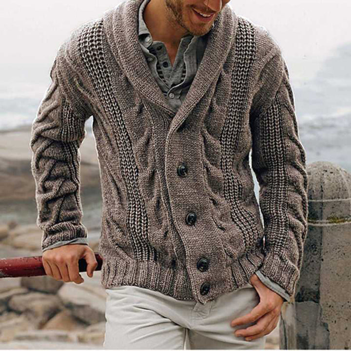 Herren Strickjacke mit modernem Zopfmuster und hohem Kragen Aliams