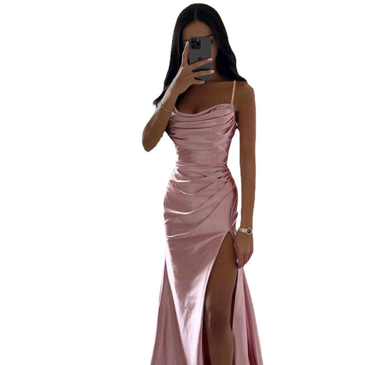 Aliams | Schnürung Falten Schlitz Satin Schmaler Schnitt Bodycon Kleid