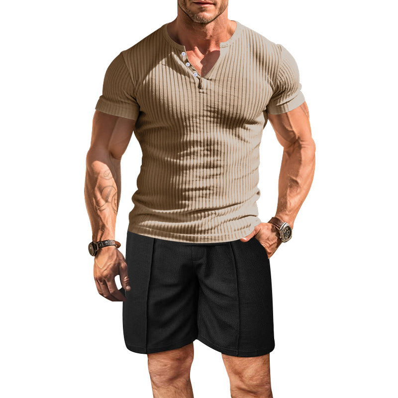 Herren strukturiertes Kurzarm-Henley-Shirt mit atmungsaktivem Design und bequemen Shorts Aliams