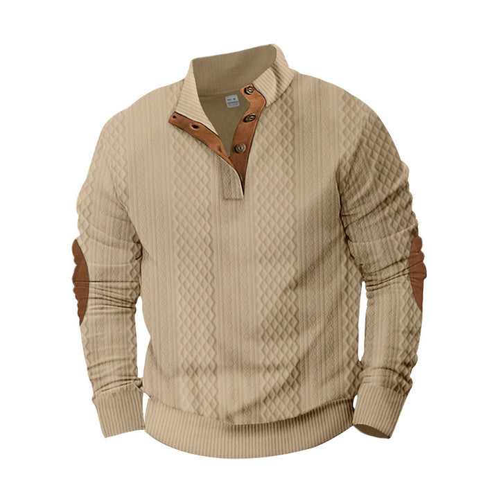Herren Strickpullover mit innovativem Stehkragen und modernen Lederapplikationen Aliams