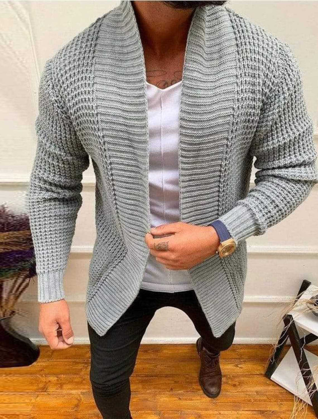 Herren Strickjacke mit offenem Schnitt und tiefem Revers Aliams