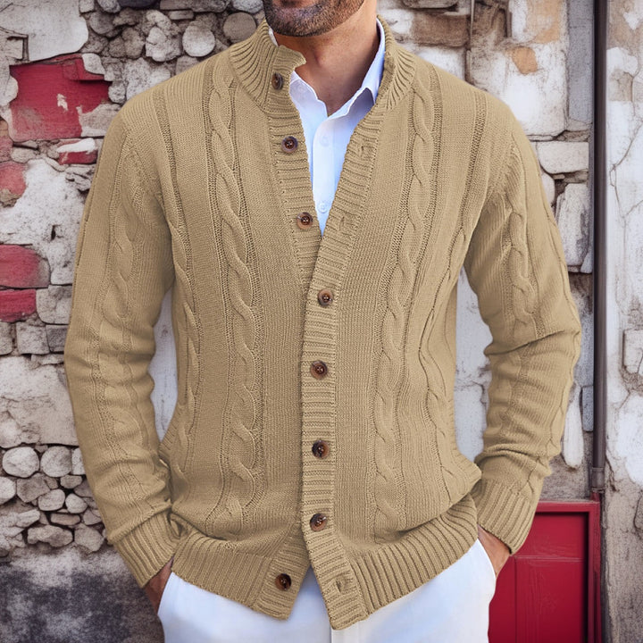 Herren Strickjacke mit Zopfmuster und umschlagbarem Kragen Aliams