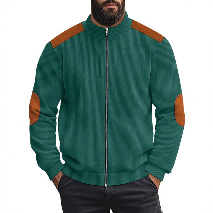 Herren Strickjacke mit modernen Lederakzenten und hoch geschlossenem Kragen Aliams
