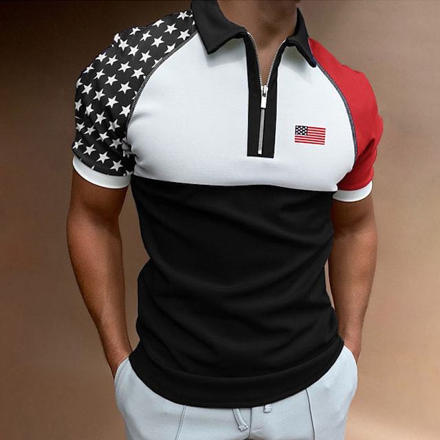 Herren Zip-Up Performance Polo-Shirt mit amerikanischer Flaggen-Applikation Aliams