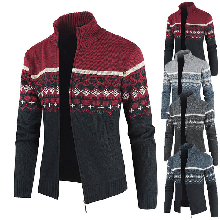 Herren Strickjacke mit Wintermuster und hohem Stehkragen Aliams