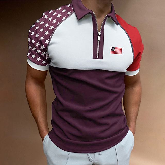 Herren Zip-Up Performance Polo-Shirt mit amerikanischer Flaggen-Applikation Aliams