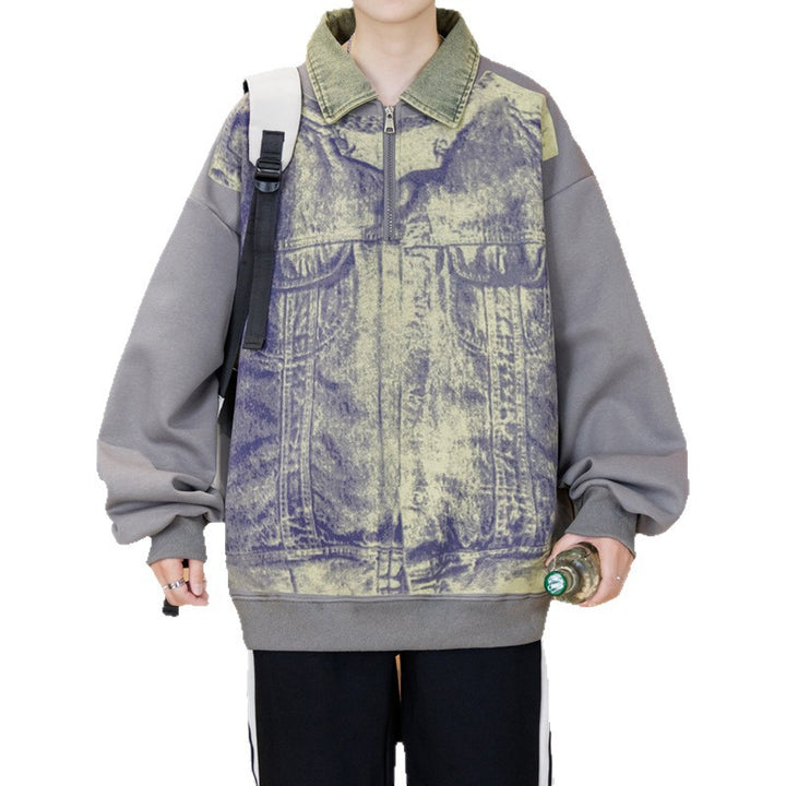 Unisex Oversized Sweatshirt mit blauem Denim-Design und Stehkragen Aliams