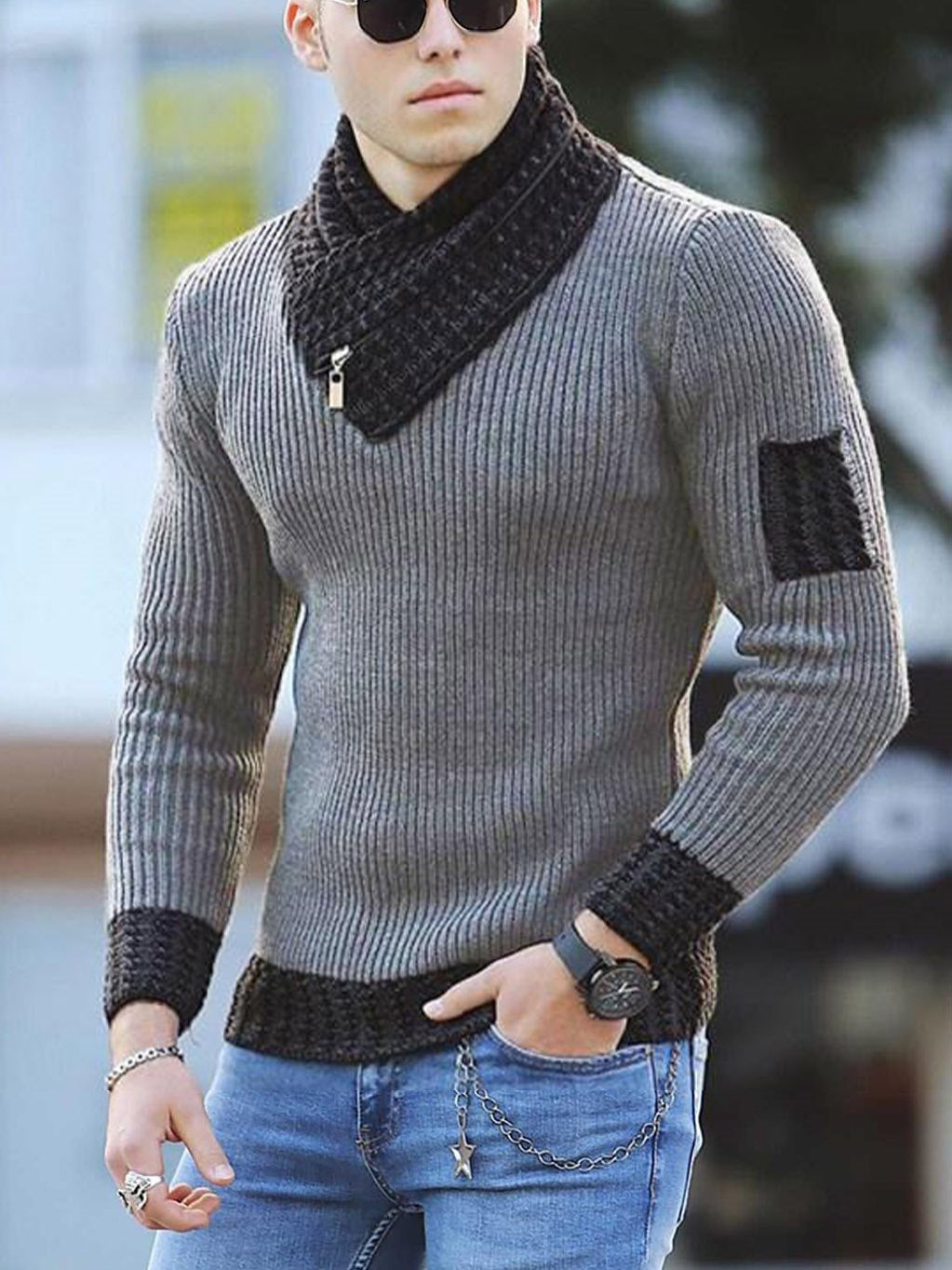 Herren strukturierter Pullover mit modernem Stehkragen Aliams