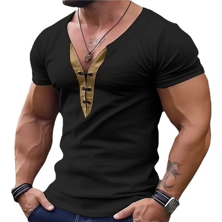 Herren Trendiges Kurzarmshirt mit dekorativem V-Ausschnitt und Knopfdetails Aliams