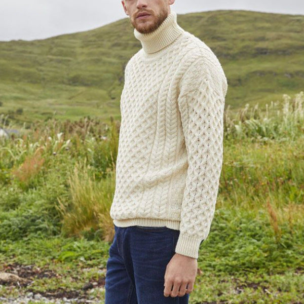 Herren Strickpullover mit Zopfmuster und hohem Kragen Aliams