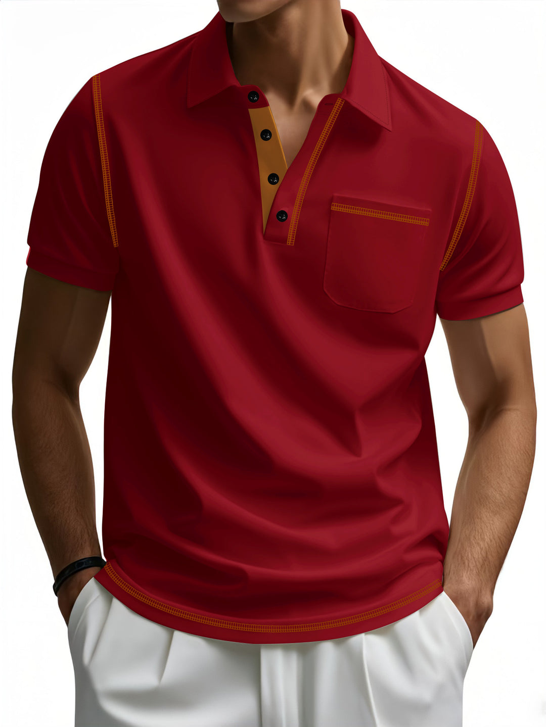Herren sportliches Kurzarm-Polohemd mit Kontrastpaspelierung und Brusttasche Aliams