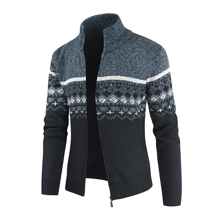 Herren Strickjacke mit Wintermuster und hohem Stehkragen Aliams