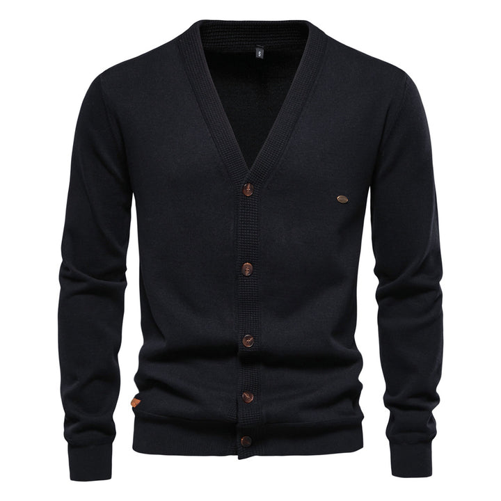 Herren Strickjacke mit V-Ausschnitt und modischen Holzknöpfen Aliams