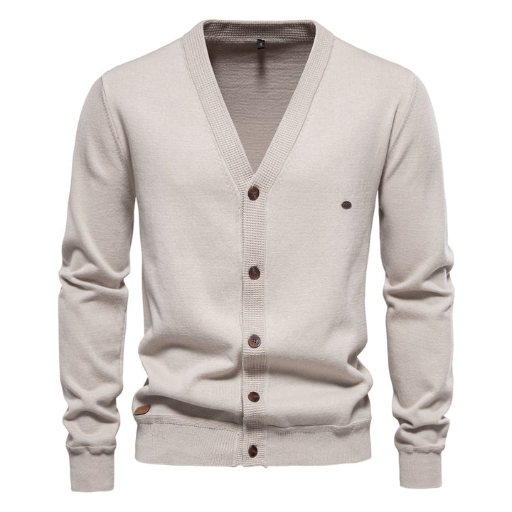 Herren Strickjacke mit V-Ausschnitt und modischen Holzknöpfen Aliams