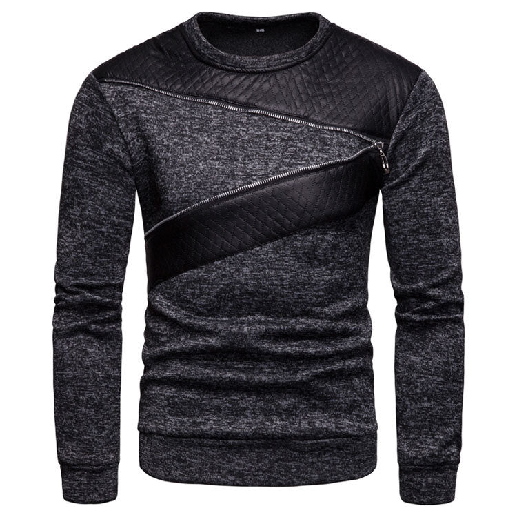 Herren stylischer Sweatpullover mit asymmetrischem Leder-Einsatz Aliams