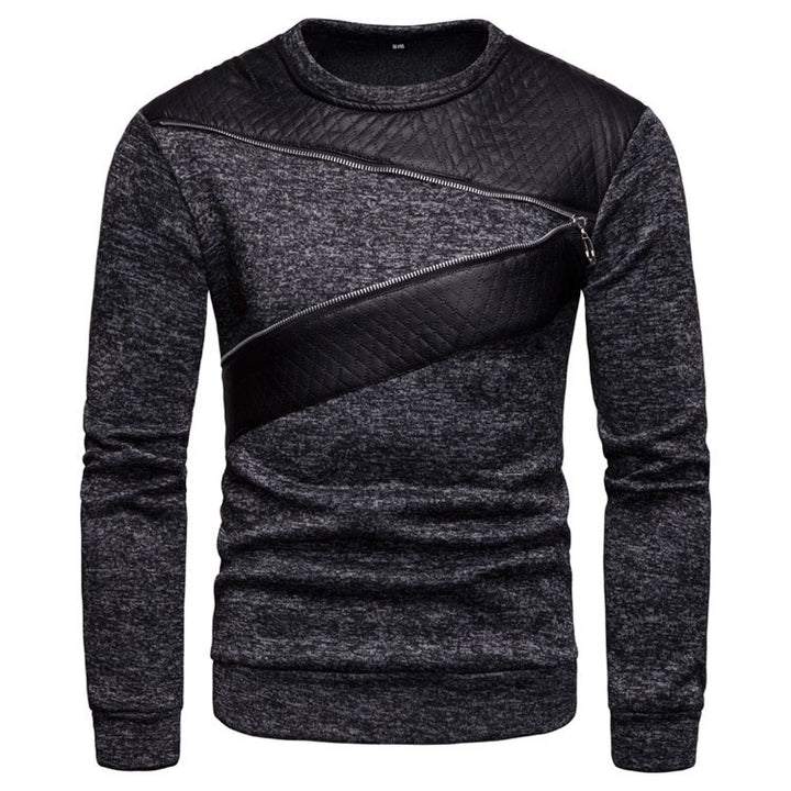 Herren stylischer Sweatpullover mit asymmetrischem Leder-Einsatz Aliams