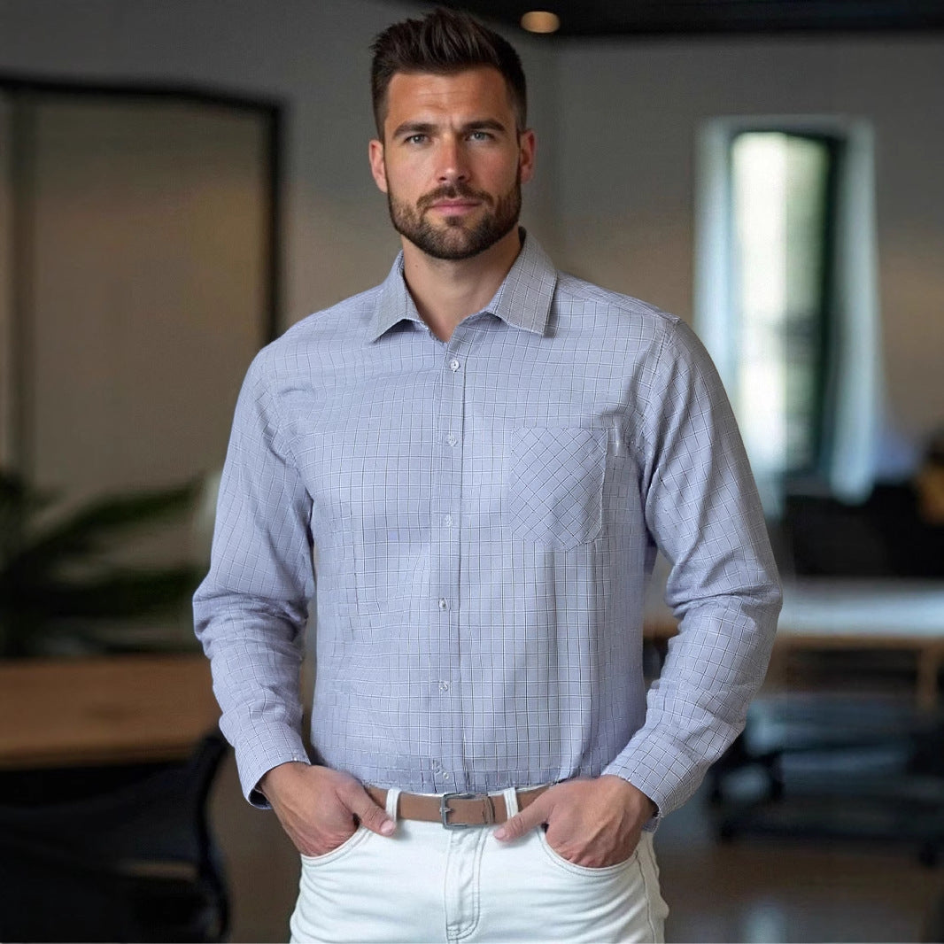 Herren strukturiertes Langarmhemd mit modischem Karo-Design und Brusttasche Aliams