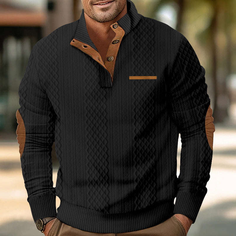 Herren strukturierter Pullover mit modischem Henley-Ausschnitt und geschmackvollen Kunstlederdetails Aliams