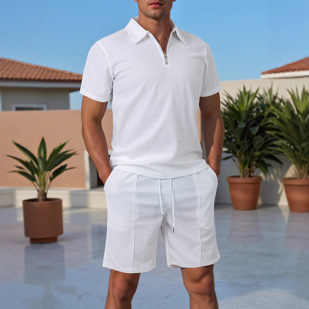 Herren Sportliches Kurzarm Polo mit Zip und Passenden Shorts Aliams