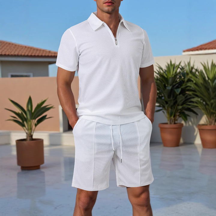 Herren Sportliches Kurzarm Polo mit Zip und Passenden Shorts Aliams