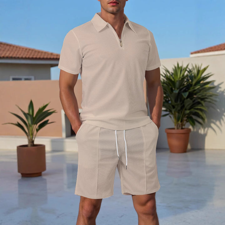 Herren Sportliches Kurzarm Polo mit Zip und Passenden Shorts Aliams