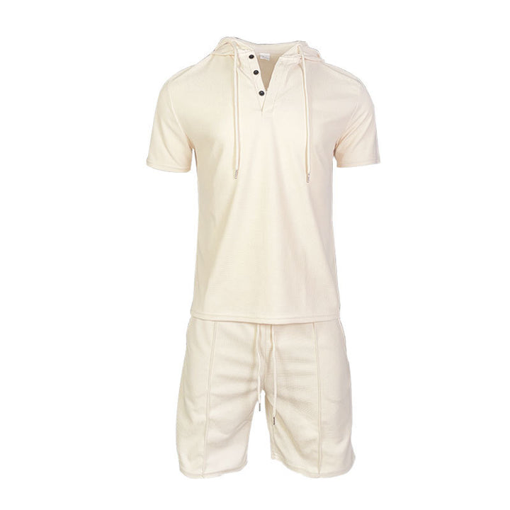 Herren Sportliches Kurzarm-Henley-Outfit mit Kapuze und Shorts Aliams