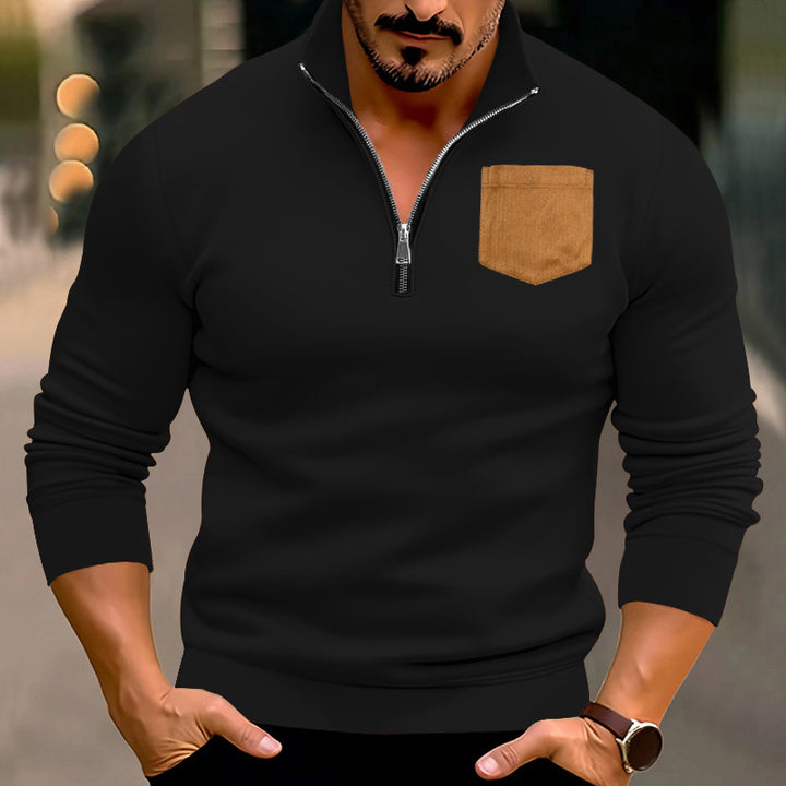 Herren sportlicher Pullover mit halbem Reißverschluss und kontrastierender Brusttasche Aliams