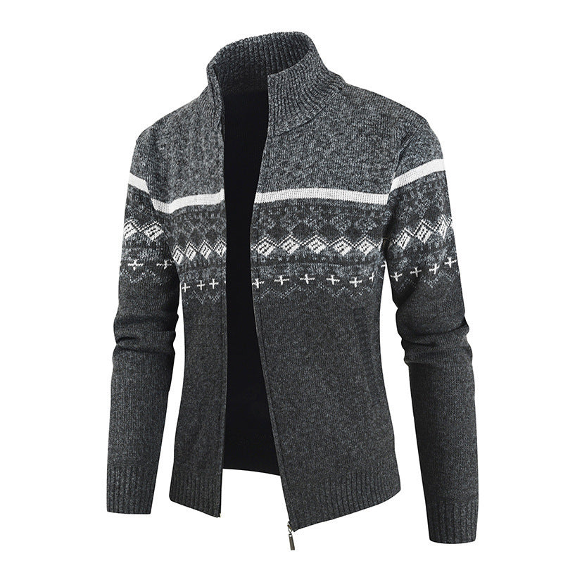 Herren Strickjacke mit Wintermuster und hohem Stehkragen Aliams