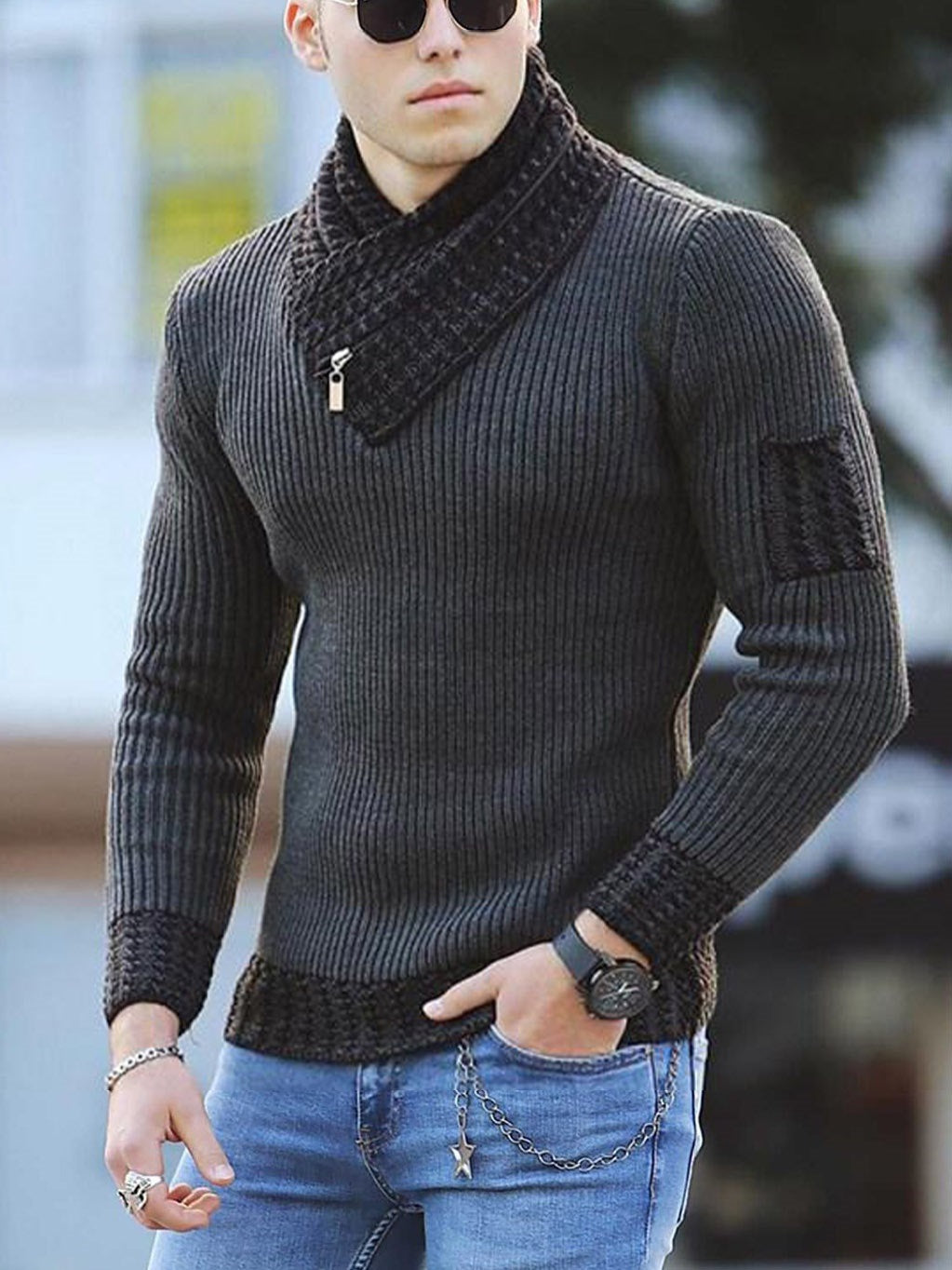 Herren strukturierter Pullover mit modernem Stehkragen Aliams