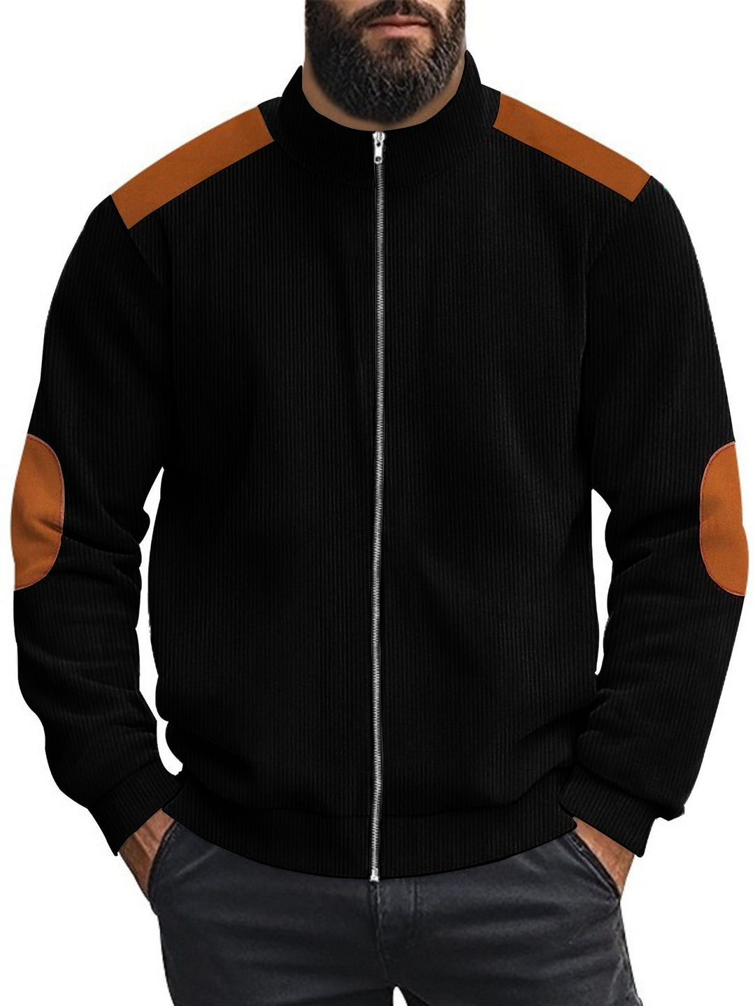 Herren Strickjacke mit modernen Lederakzenten und hoch geschlossenem Kragen Aliams