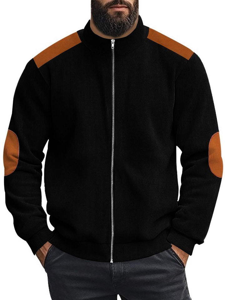 Herren Strickjacke mit modernen Lederakzenten und hoch geschlossenem Kragen Aliams
