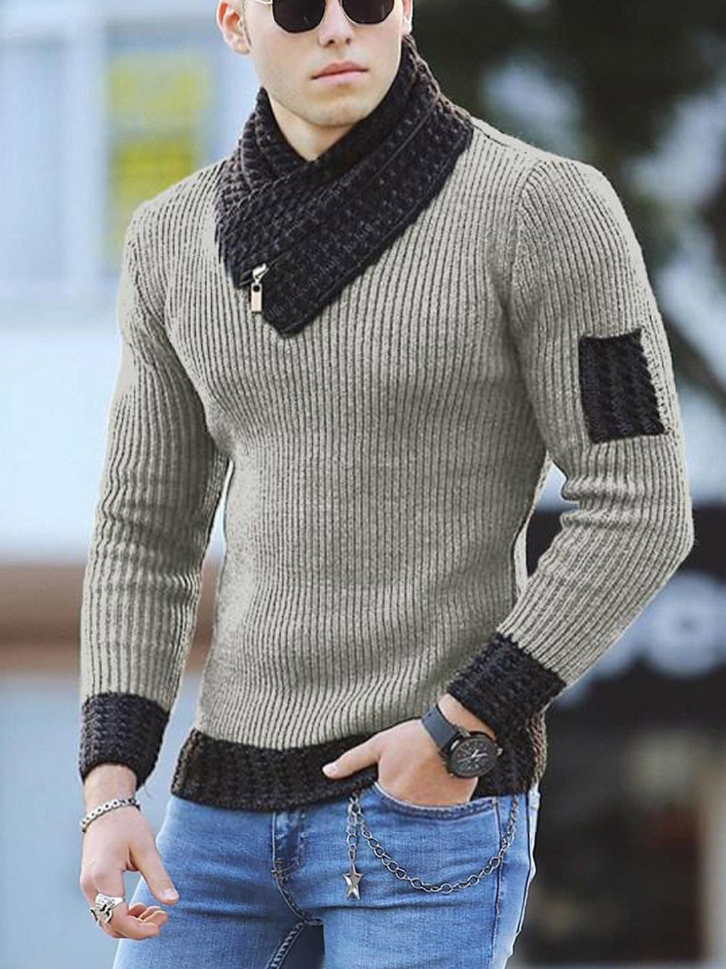 Herren Strickpullover mit modernem Kragen und Reißverschluss Aliams