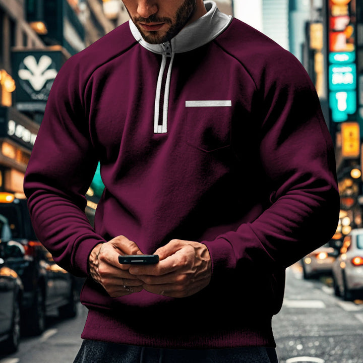 Herren sportlicher Stehkragen Pullover mit Reißverschluss und praktischer Brusttasche Aliams