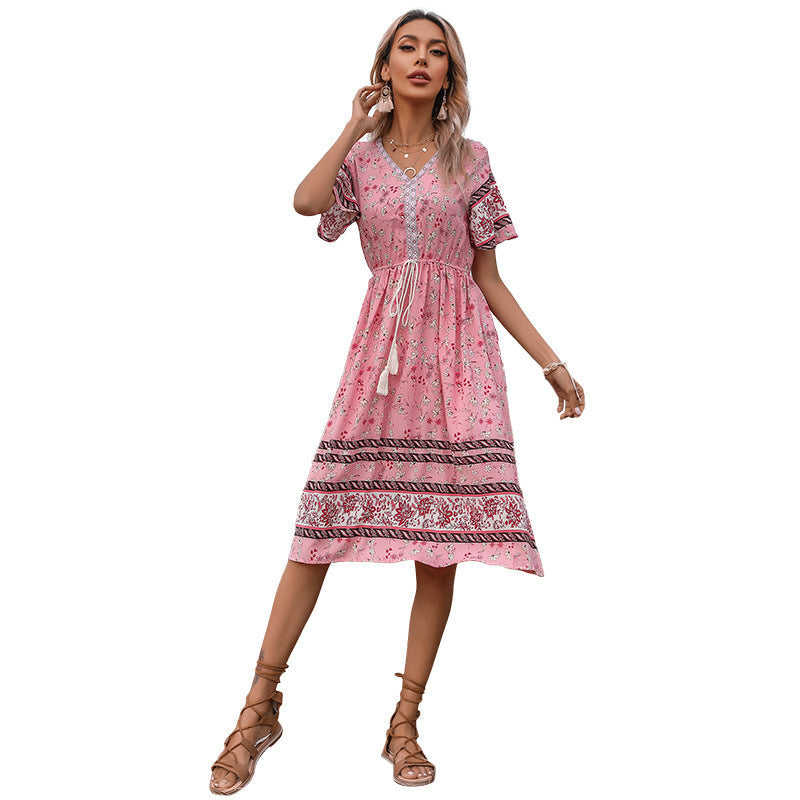 Damen Boho-Style Kleider mit Stickdetails und Taillenzugbund Aliams