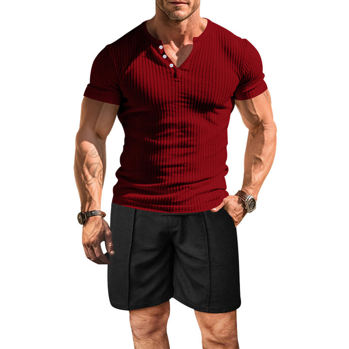 Herren strukturiertes Kurzarm-Henley-Shirt mit atmungsaktivem Design und bequemen Shorts Aliams