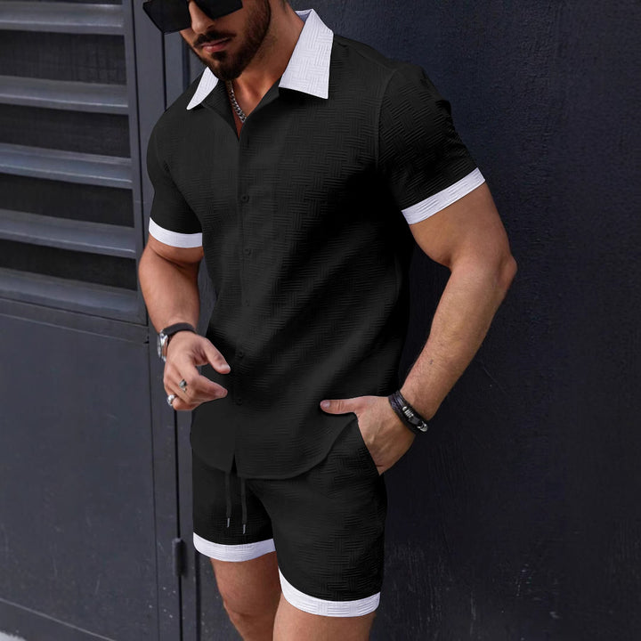 Herren strukturiertes Kurzarmhemd mit Knöpfen und Freizeit-Shorts-Set Aliams