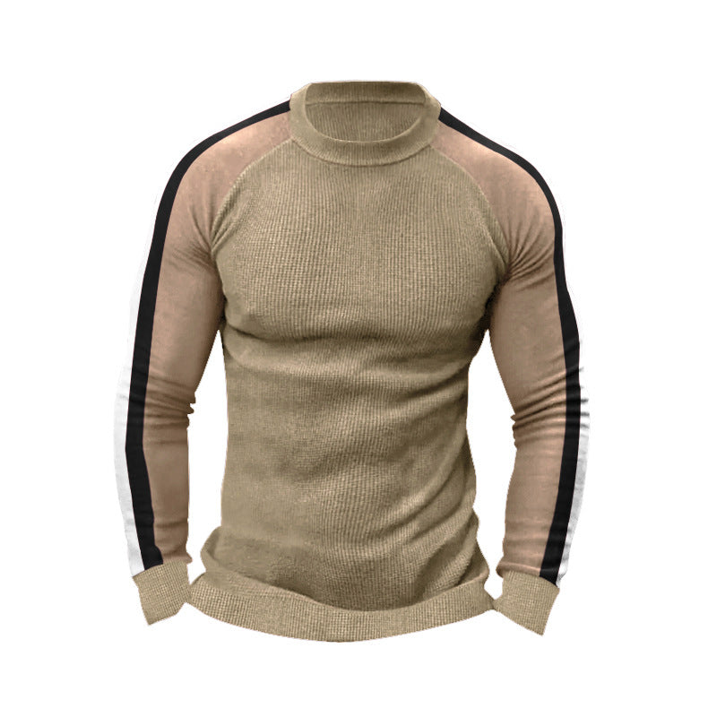 Herren sportlicher Strickpullover mit kontrastierenden Ärmeln und hohem Kragen Aliams