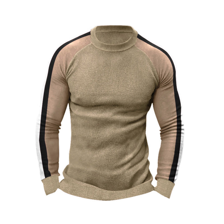 Herren sportlicher Strickpullover mit kontrastierenden Ärmeln und hohem Kragen Aliams