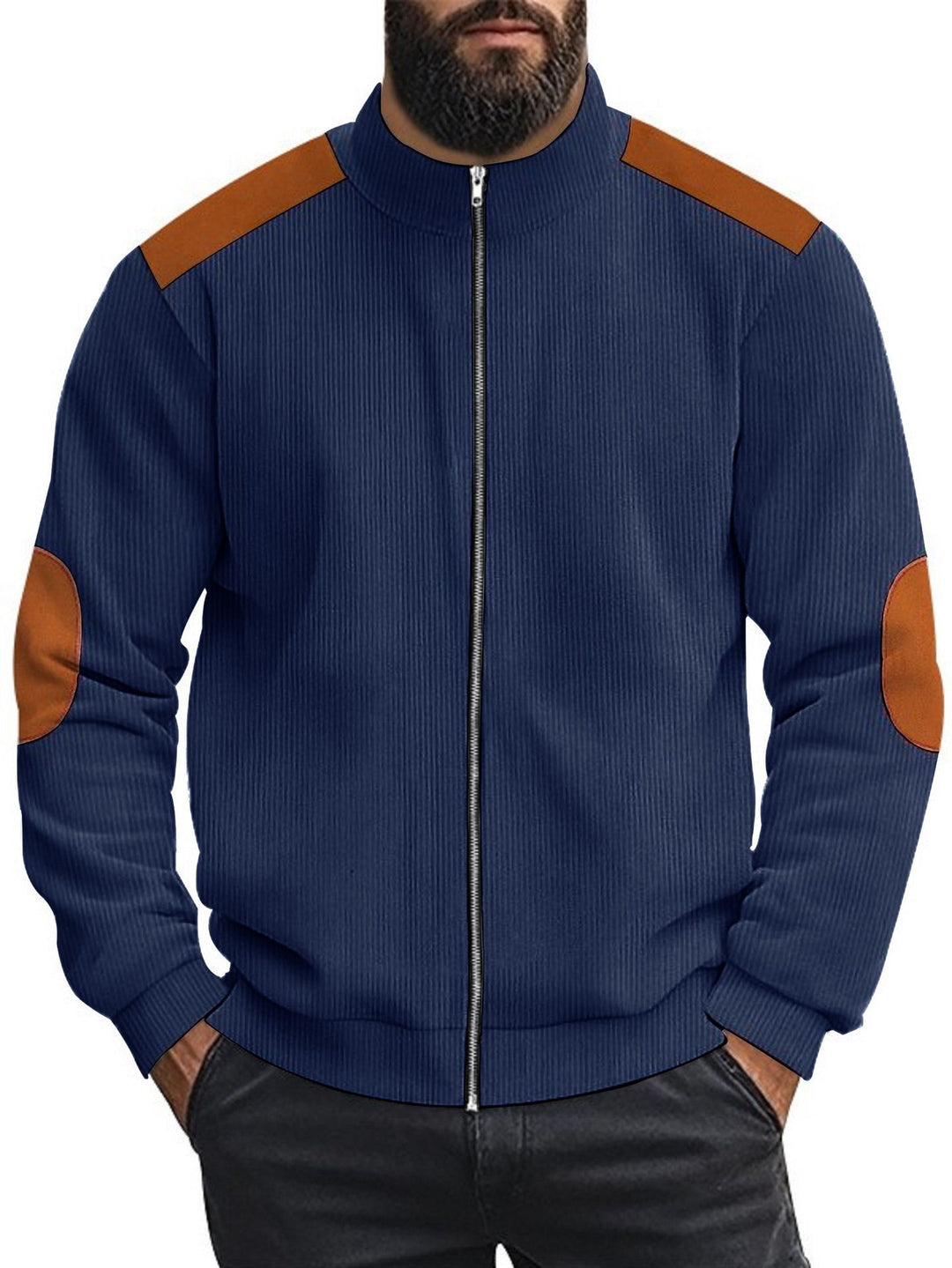 Herren Strickjacke mit modernen Lederakzenten und hoch geschlossenem Kragen Aliams