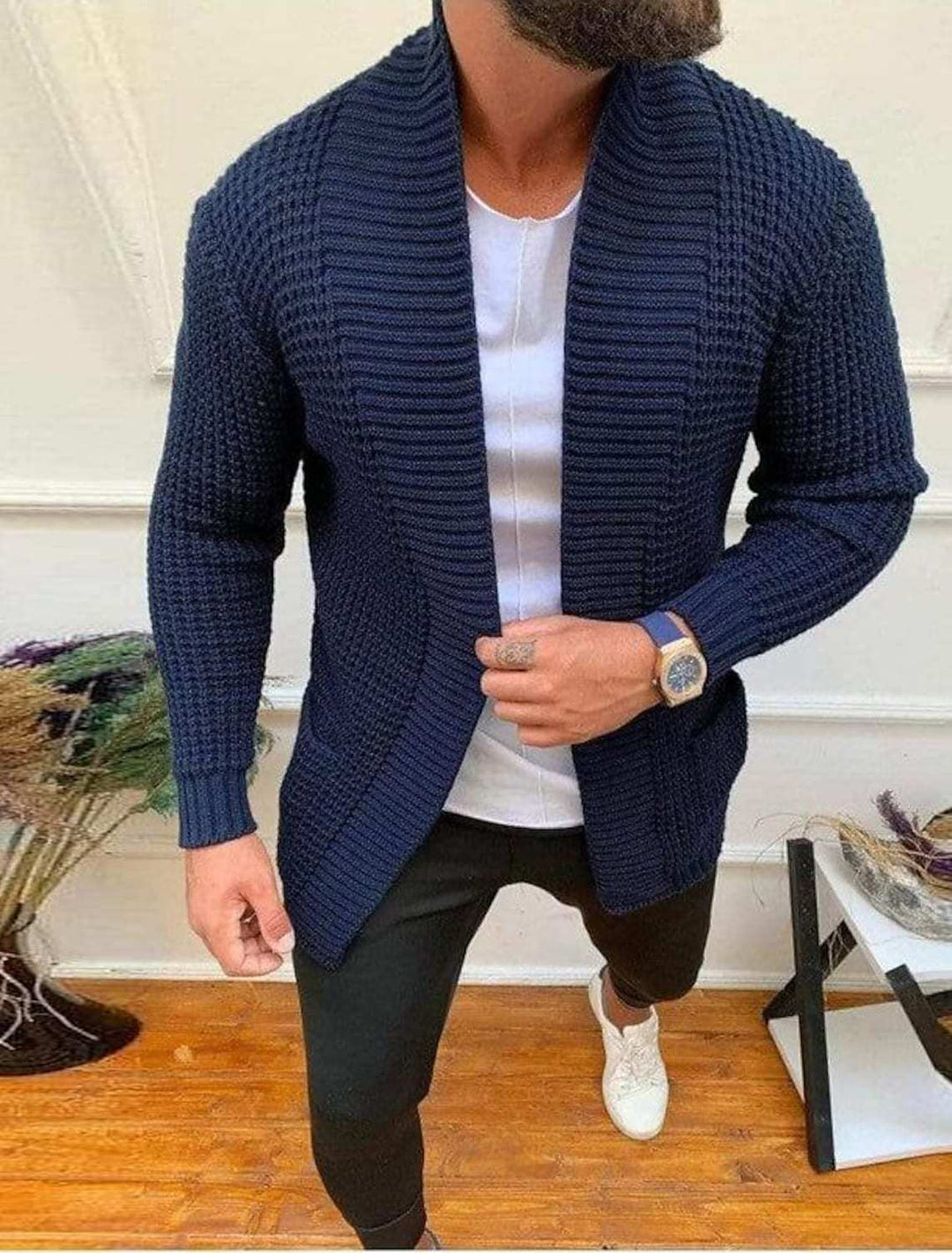 Herren Strickjacke mit offenem Schnitt und tiefem Revers Aliams
