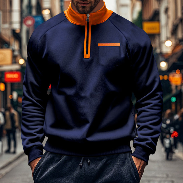 Herren sportlicher Stehkragen Pullover mit Reißverschluss und praktischer Brusttasche Aliams