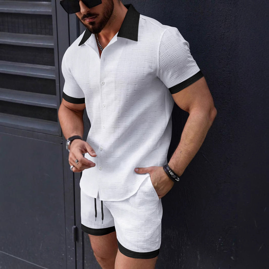 Herren strukturiertes Kurzarmhemd mit Knöpfen und Freizeit-Shorts-Set Aliams