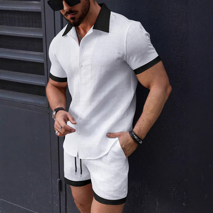 Herren strukturiertes Kurzarmhemd mit Knöpfen und Freizeit-Shorts-Set Aliams