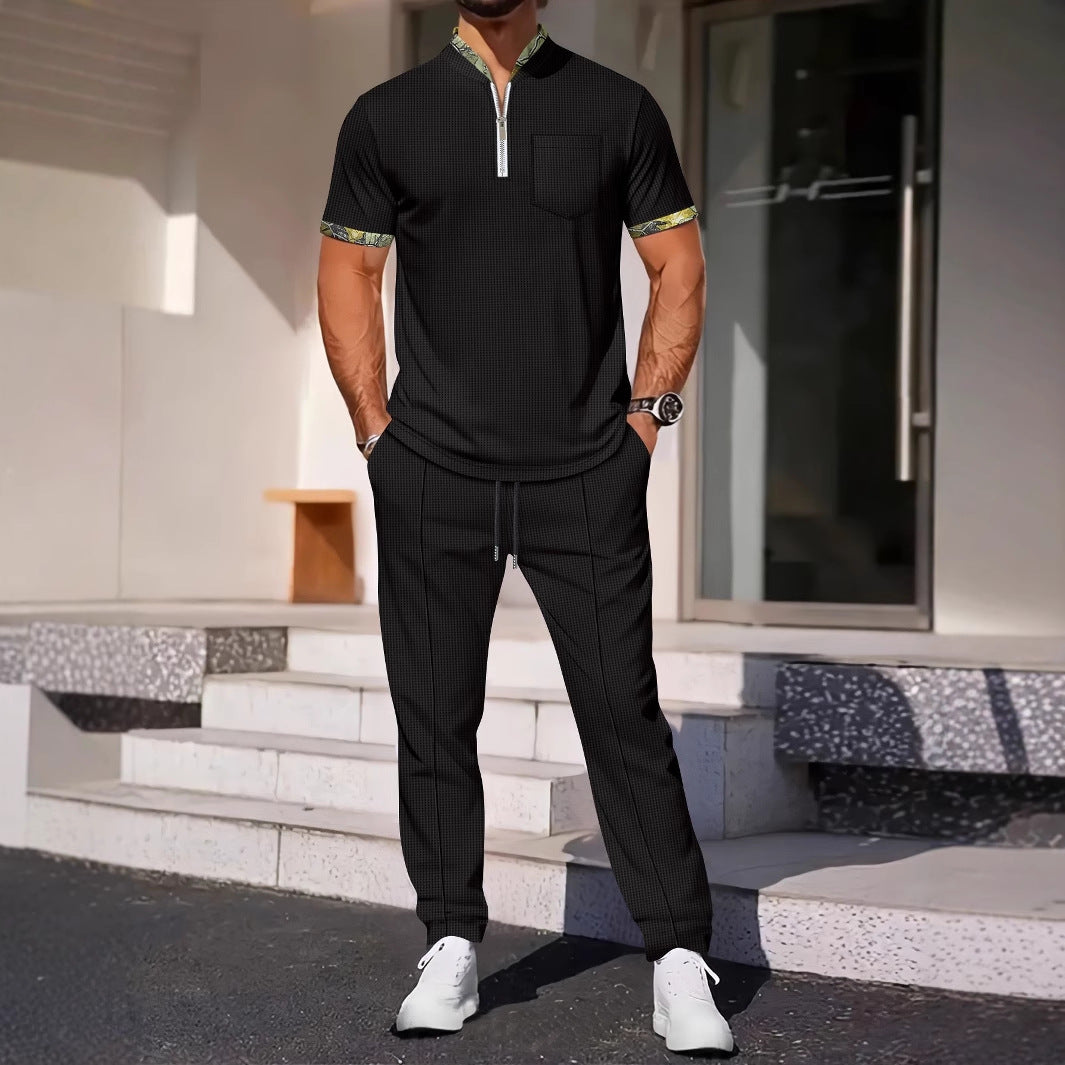 Herren Sportliches Kurzarm-Oberteil mit Reißverschluss und bequemen Jogginghosen Aliams