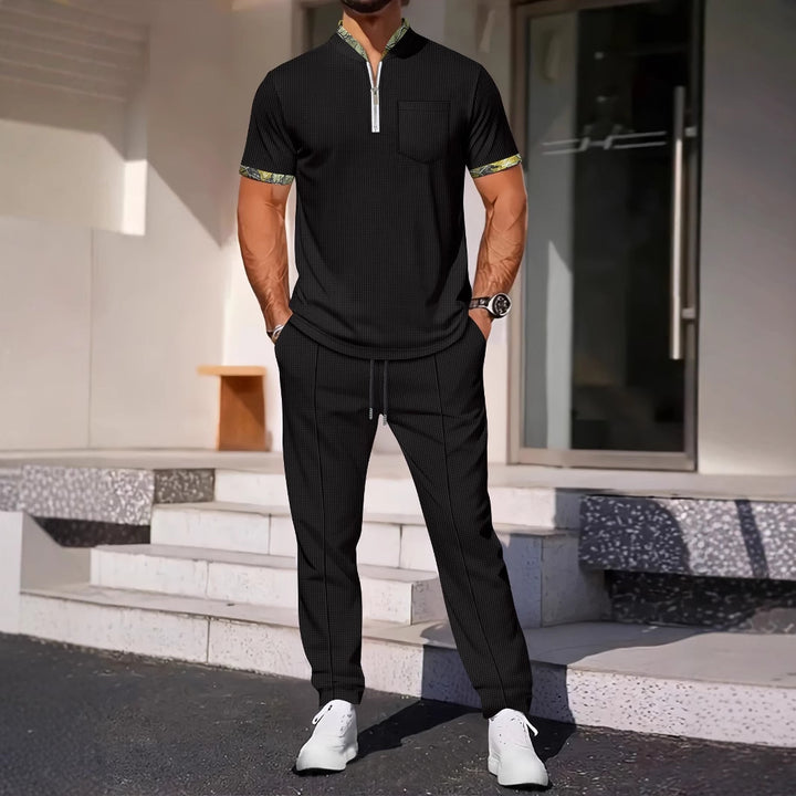 Herren Sportliches Kurzarm-Oberteil mit Reißverschluss und bequemen Jogginghosen Aliams