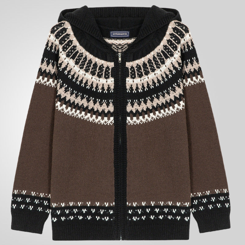 Herren Strickjacke mit traditionellem Norweger-Muster und Kapuze Aliams