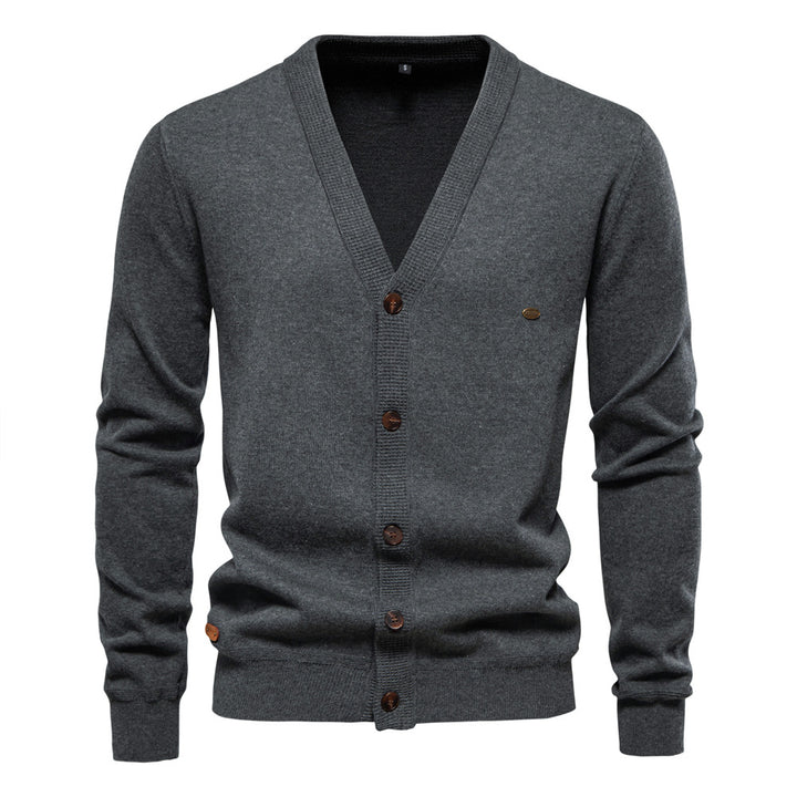Herren Strickjacke mit V-Ausschnitt und modischen Holzknöpfen Aliams