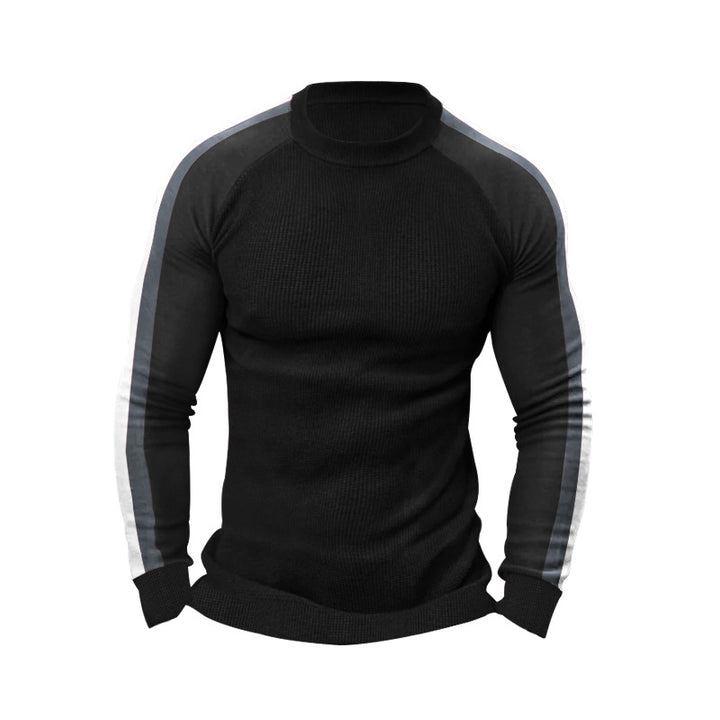 Herren sportlicher Strickpullover mit kontrastierenden Ärmeln und hohem Kragen Aliams