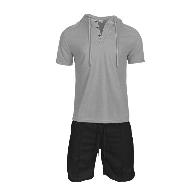 Herren Sportliches Kurzarm-Henley-Outfit mit Kapuze und Shorts Aliams